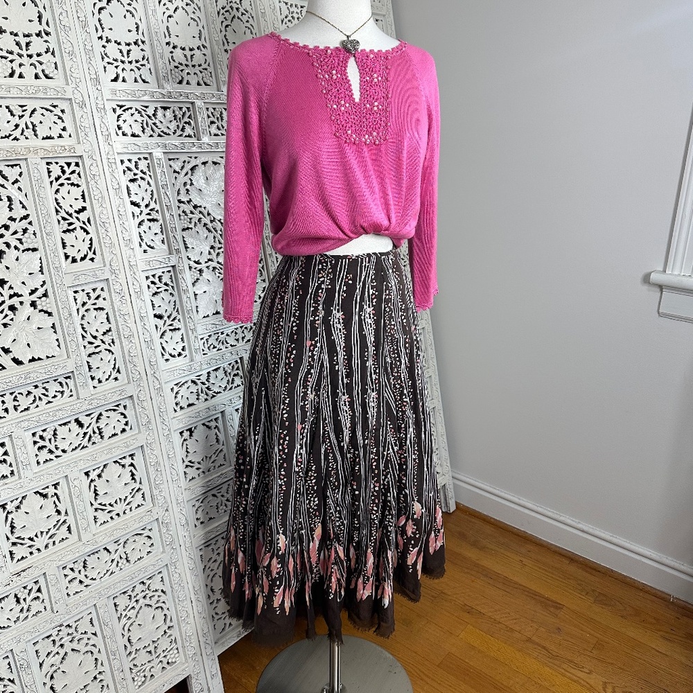 Vtg Apt 9 Brown & Pink Artsy Boho Full Flowy Midi Skirt Sz Small‎
